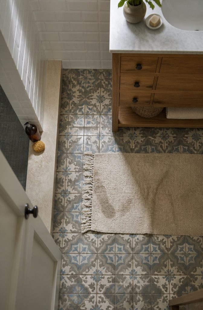 Farmhouse bathroom floor with patterned cement tile