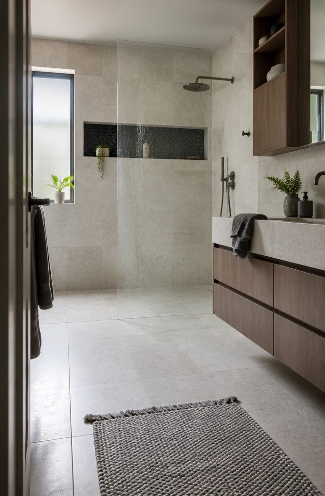 18 Ways to Style a Modern Bathroom 5 Clear glass shower panel beside a level stone floor and bath mat