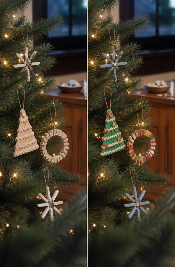 Green craft stick tree ornament decorated with rickrack and buttons
