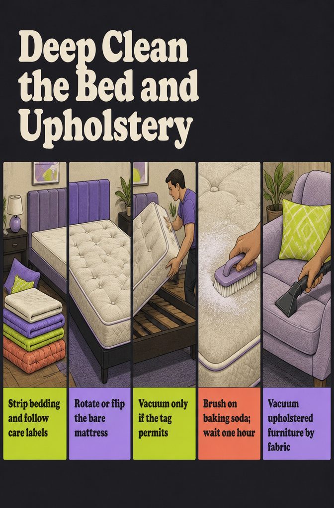 How to Deep Clean a Room: The Complete Checklist 7 Bed and upholstery cleaning checklist with mattress and bedding care steps