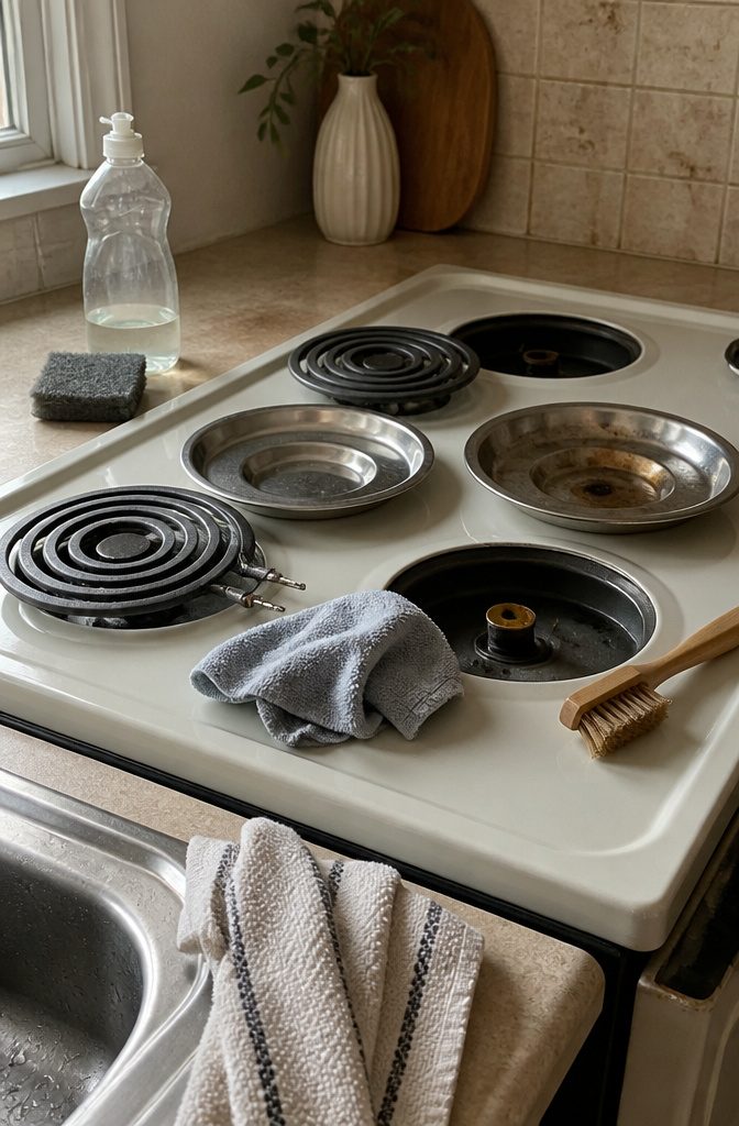 How to Deep Clean a Stove in 7 Steps 5 Electric coils beside open stove receptacles and a stained drip pan