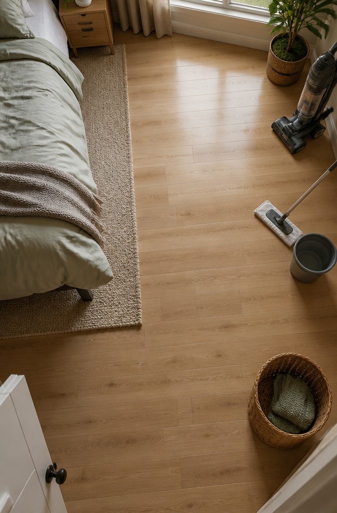 How to Deep Clean a Room: The Complete Checklist 8 Bedroom cleaning scene with floor ready for vacuuming or damp mopping