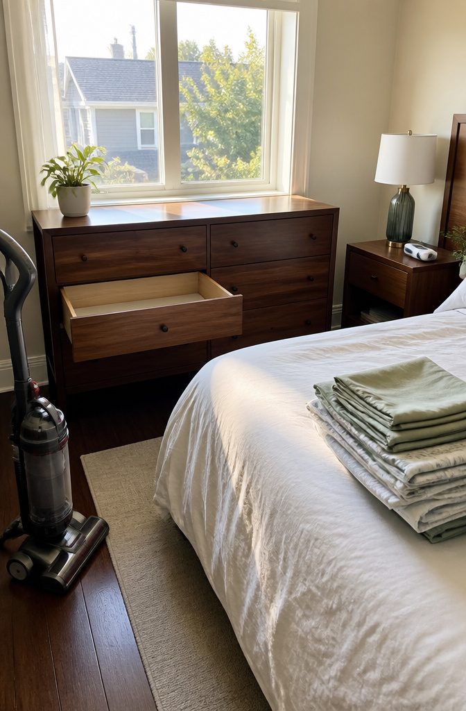 12 Ways to Organize Your Bedroom and Keep It That Way 14 Wiped dresser with open drawer and folded sheets on the bed