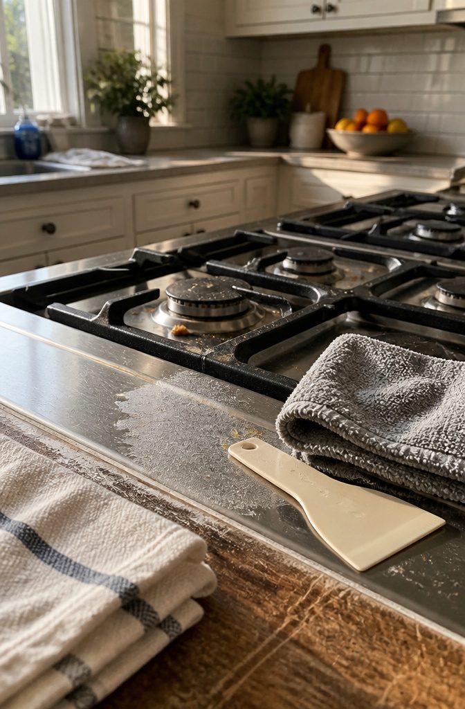 How to Get Rid of Grease on Stove in 5 Steps 2 Greasy stovetop with dark grates, drip pans, damp cloth and plastic scraper