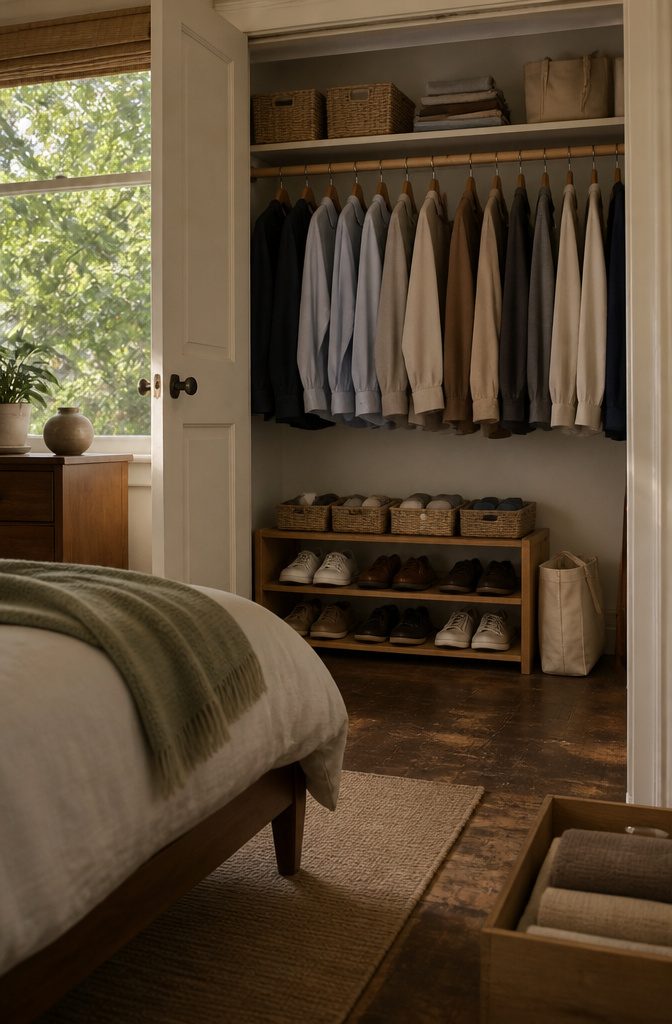 How to Tidy Your Room: 9 Steps to a Clean Bedroom 8 Bedroom scene illustrating closet organization