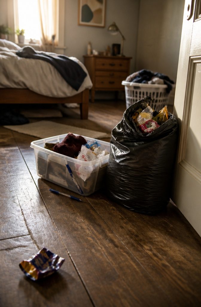 How to Clean Your Room: 6 Steps to a Spotless Bedroom 2 Trash bag and container for collecting rubbish and items that belong elsewhere