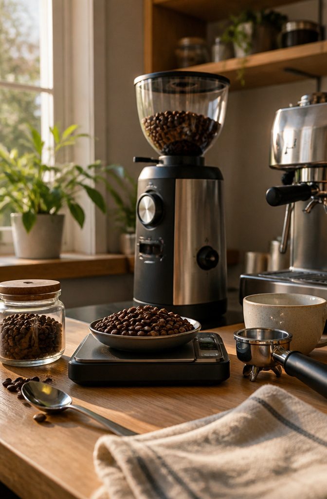 Whole coffee beans beside an electric kitchen scale