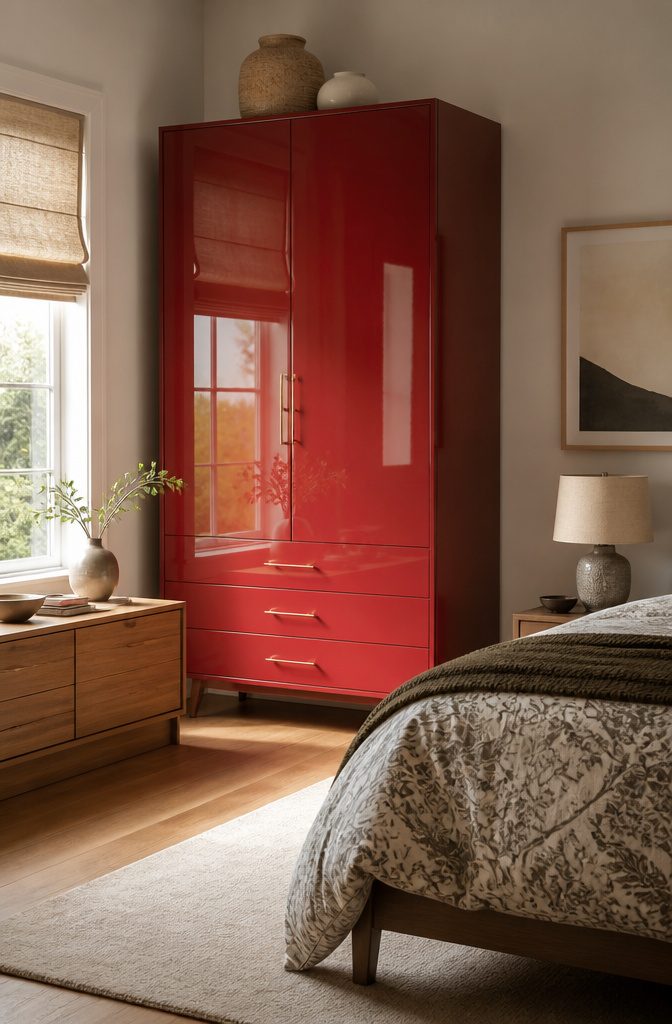 10 Bedroom Cabinet Ideas to Organize and Complete a Room in 2026 13 A glossy cabinet in a bright bedroom with complementary decor.