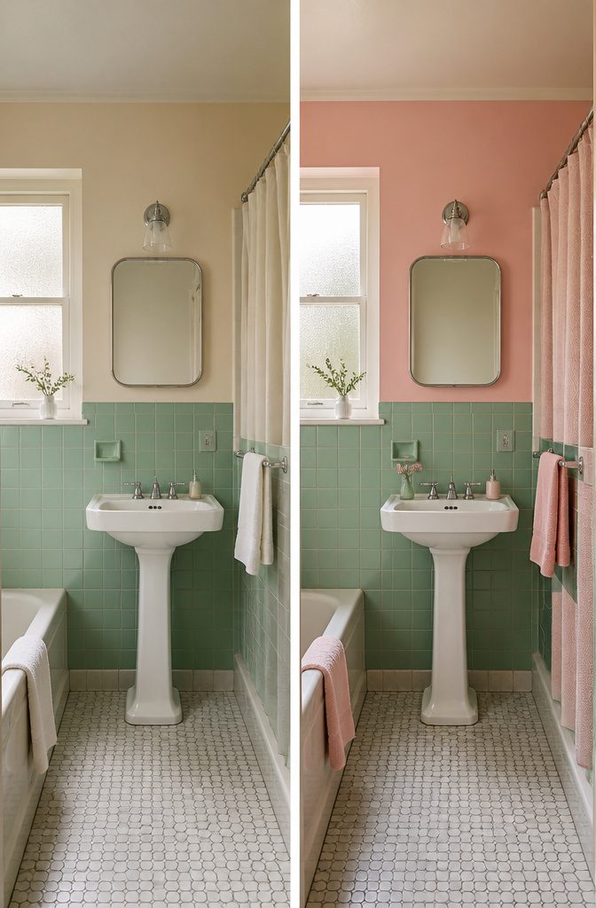 Color schemes featuring pastels and bold hues in a bathroom.