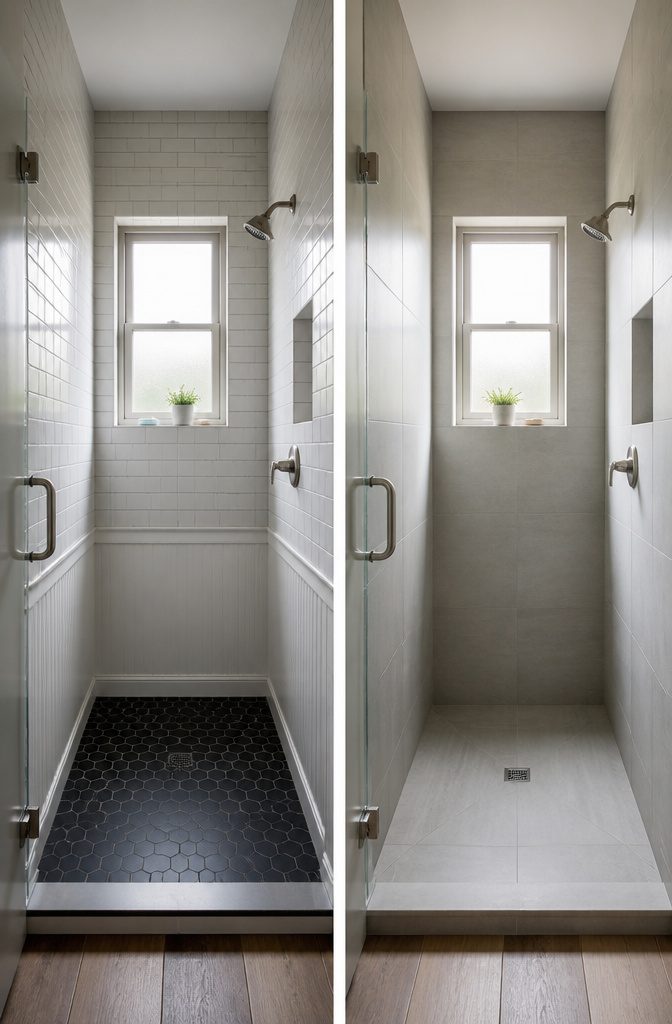 10 Small Bathroom Shower Ideas for 2026 Renovations 9 Darker floor tiles contrast with lighter walls in a compact shower area.