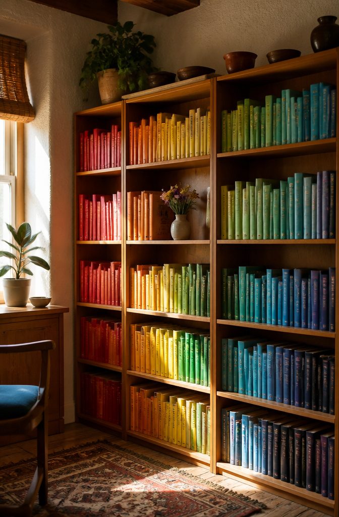 Bookshelf organized by color forming a rainbow gradient.