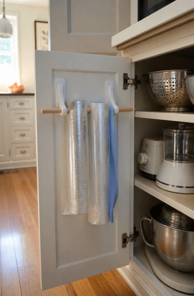 10 Plastic Wrap Storage Ideas for Organized Kitchens in 2026 10 A cabinet door with Command hooks and a dowel holding plastic wrap rolls.