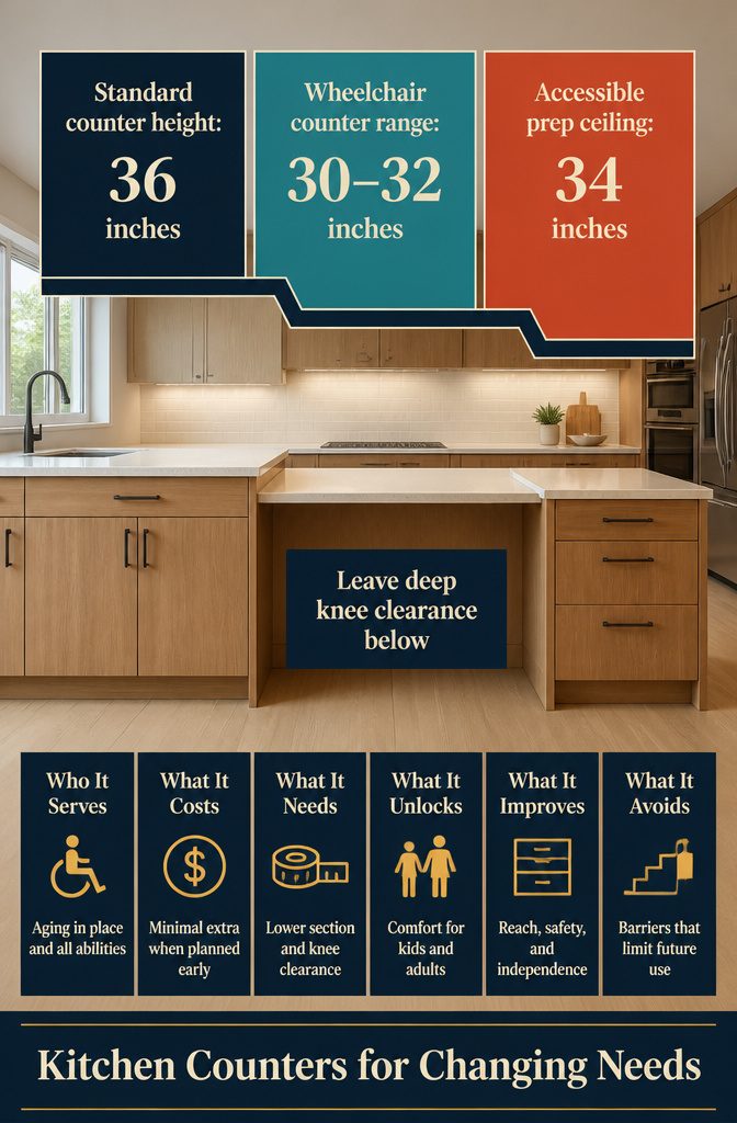 How to Plan a Kitchen: 10 Steps from Scope to Final Sign-Off 13 Kitchen counter accessibility graphic titled Kitchen Counters for Changing Needs