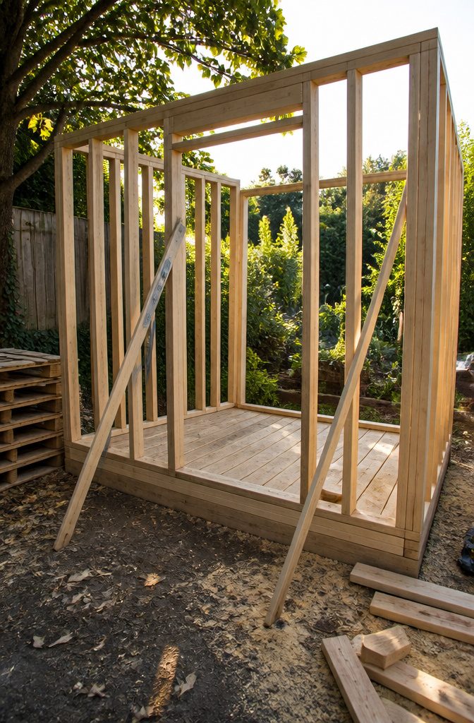 How to Build a Garden Shed from Pallets: 7 Steps 4 Four upright shed wall frames with diagonal braces and a front door opening