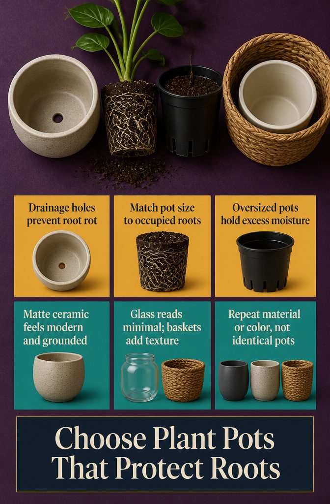 Plant pot with drainage holes beneath a leafy indoor plant