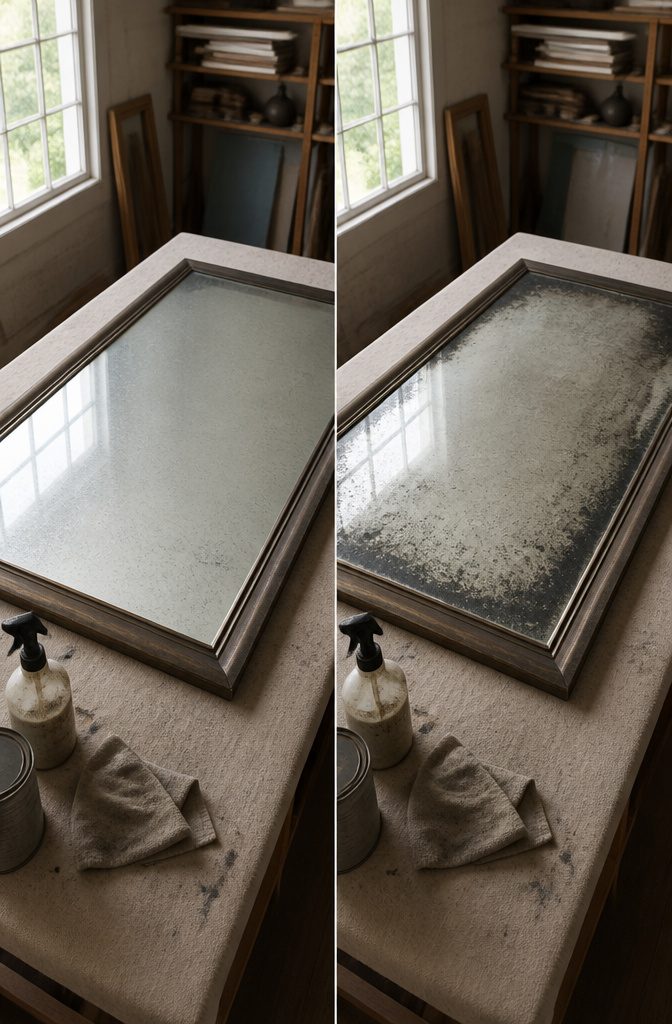 Antiqued mirror glass with dark distressing concentrated around its corners