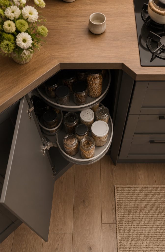 10 Tiny Home Space Saving Ideas: Storage and Layout Solutions 9 A 36-inch base corner cabinet in a kitchen, utilizing corner space efficiently.