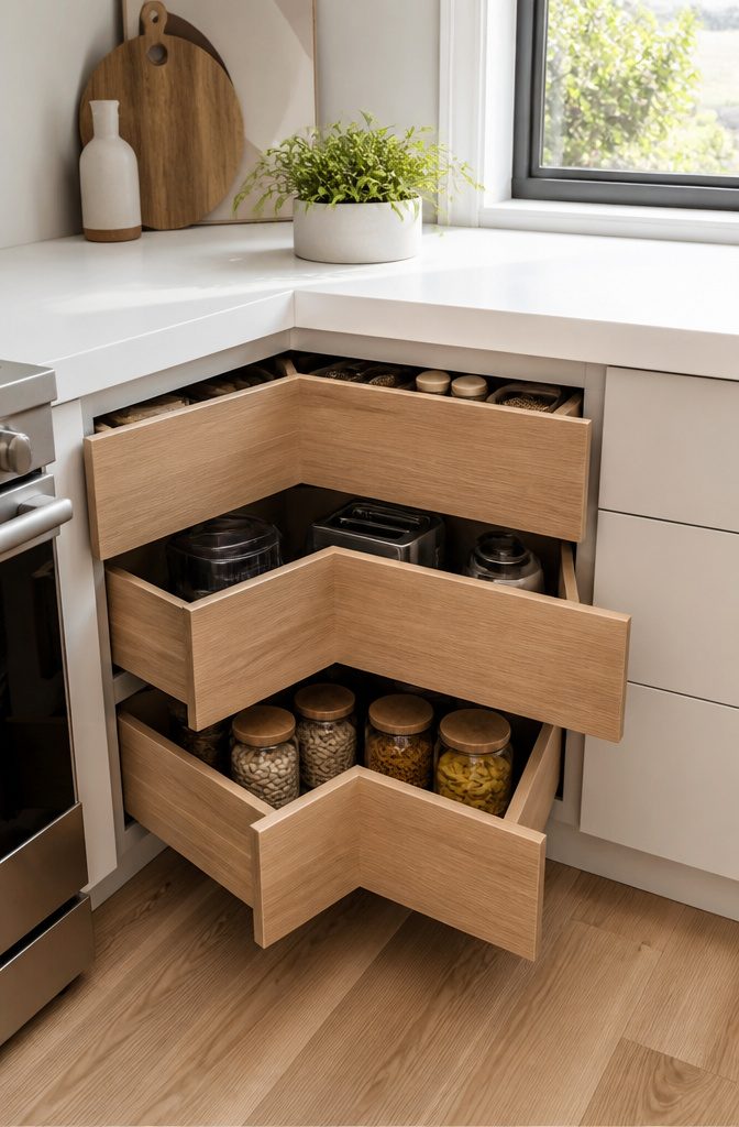11 End Corner Kitchen Cabinet Ideas That Maximize Space 4 L-shaped corner drawers neatly organized with kitchen tools and dry goods.