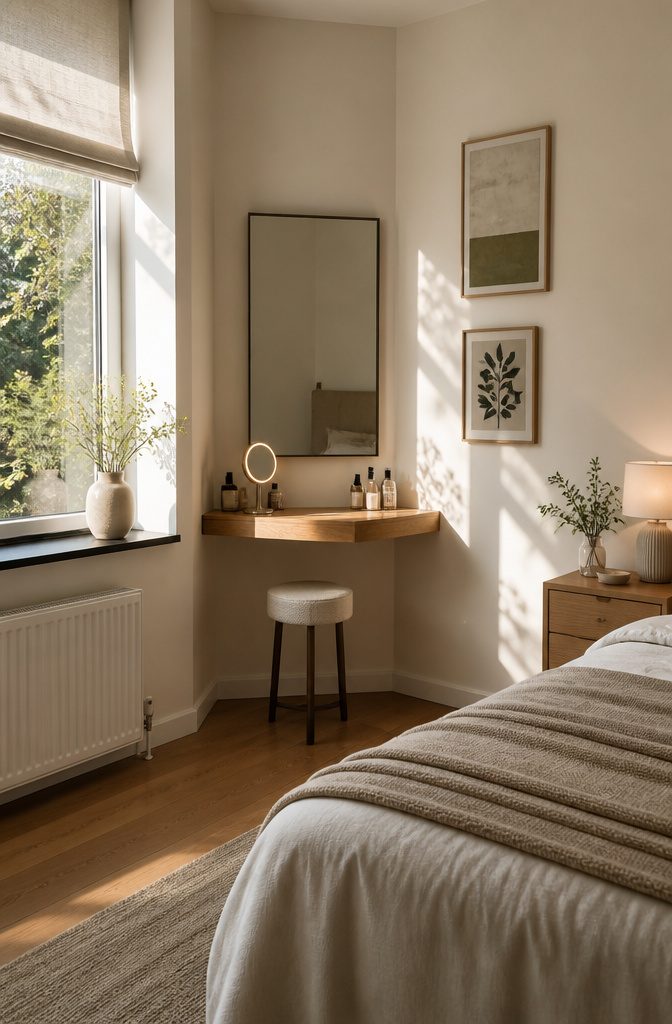 8 Dressing Table Ideas for Bedrooms: Styles for 2026 8 A triangular corner dressing table with a mirror in a narrow room.