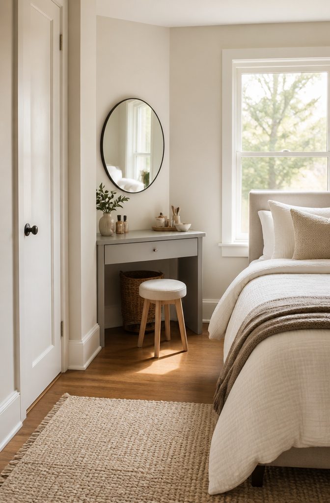 Triangular vanity positioned in a corner with two legs against walls.