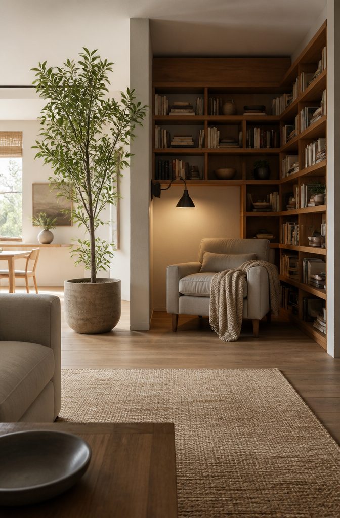 Cozy reading nook with a chair and built-in shelves in an alcove.
