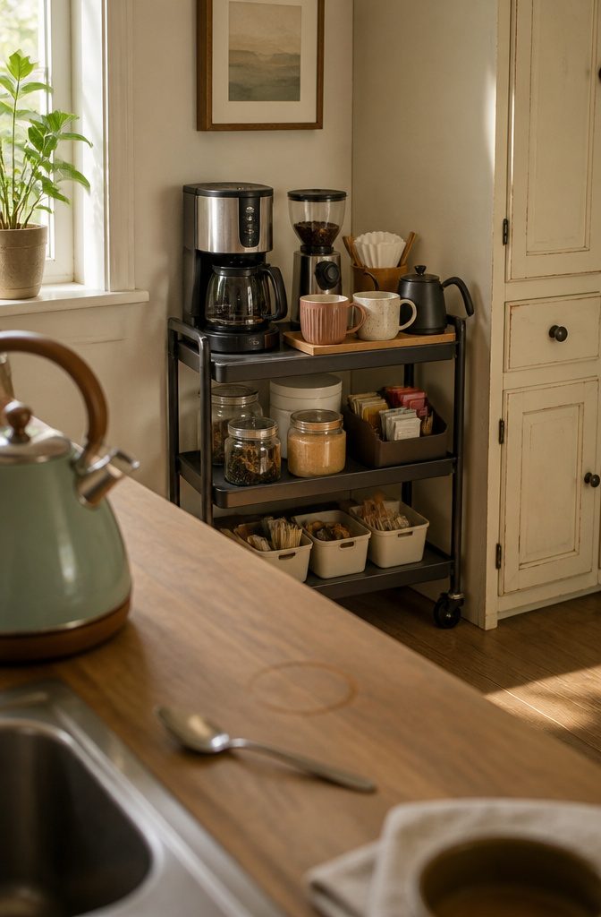 12 Ways to Organize a Small Kitchen That Actually Work 12 Rolling kitchen cart with coffee maker, grinder, mugs, tea, and sugar