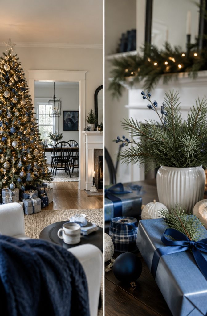 18 Ways to Decorate a House for Christmas 2 Christmas tree mantel and dining table decorated in blue and white