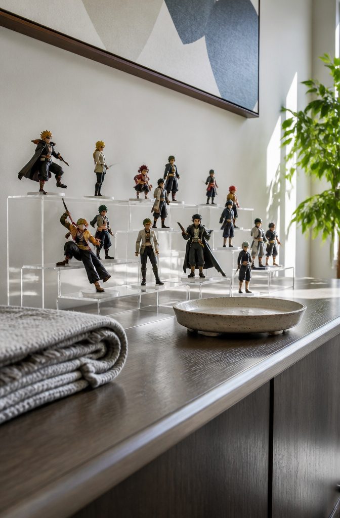 How to Display Figurines: 13 Methods That Work 4 Figurines arranged on clear acrylic risers at different heights
