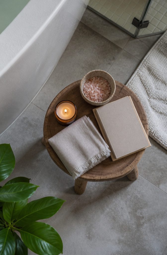 19 Ways to Style a Bathroom Without a Full Remodel 20 Wooden stool beside a bathtub holding bath salts, candles, a book, and towel
