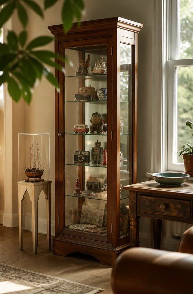 How to Display Trinkets: 18 Ideas for Every Space 2 Wooden curio cabinet with glass doors and shelves