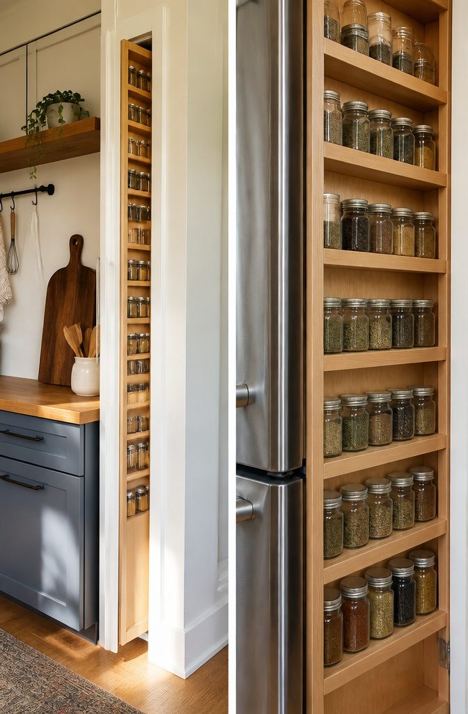 A custom-built spice shelf in a narrow kitchen space.