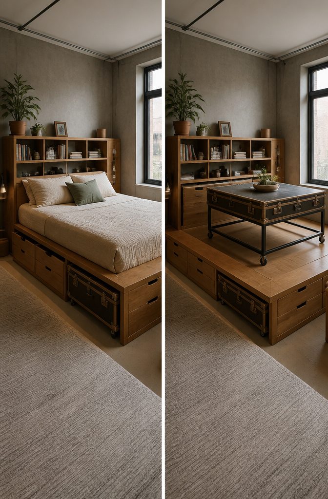 6 Efficient Storage Ideas to Declutter Any Room in 2026 9 A custom storage bed with drawers and a trunk in a studio.
