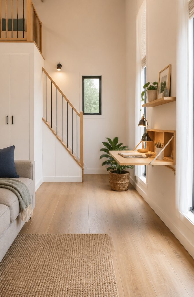 10 Tiny Home Space Saving Ideas: Storage and Layout Solutions 14 A wall-mounted fold-down desk in a small living space, saving floor space.