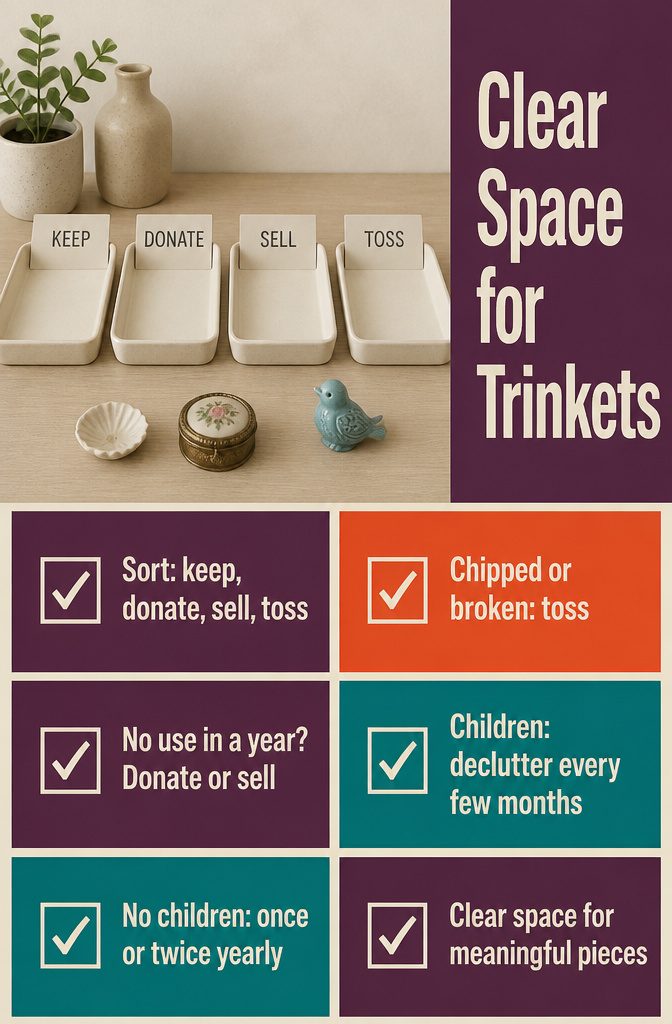 How to Display Trinkets: 18 Ideas for Every Space 21 Keepsakes sorted into separate piles on a clear surface