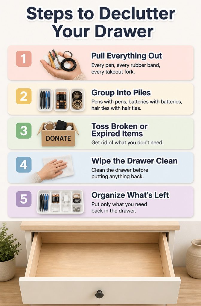 Drawer Organizer Ideas: 7 Storage Types That Actually Fit 9 Steps to declutter a messy drawer with various items laid out.
