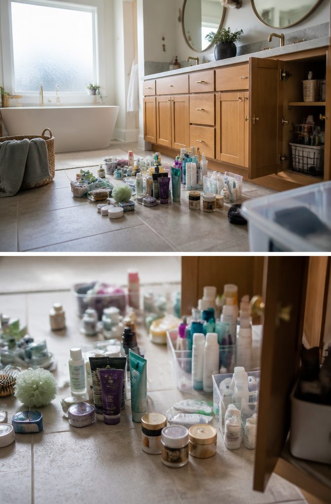 A bathroom cabinet emptied on the floor, showing various products and trash bags.