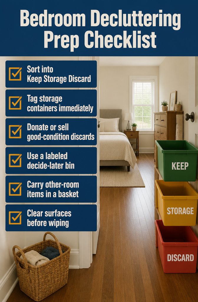 How to Deep Clean a Room: The Complete Checklist 2 Bedroom decluttering checklist with labeled Keep Storage and Discard bins