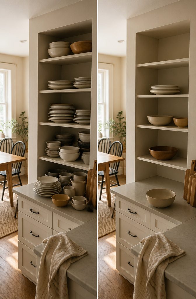 10 Ways to Organize Small Spaces That Actually Work 2 Cabinet with a small stack of dinner plates and open shelf space