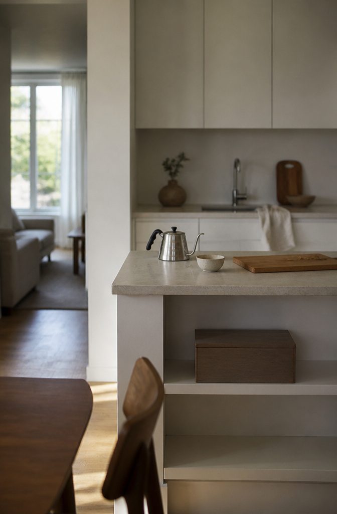 15 Ways to Decorate Small Apartments That Feel Open 10 Tidy apartment counter with three everyday items and uncluttered surfaces