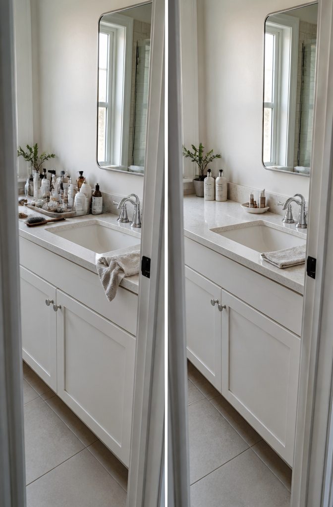 15 Ways to Organize a Small Bathroom Without Wasting Space 2 Bathroom counter with a few daily products and no extra toiletries