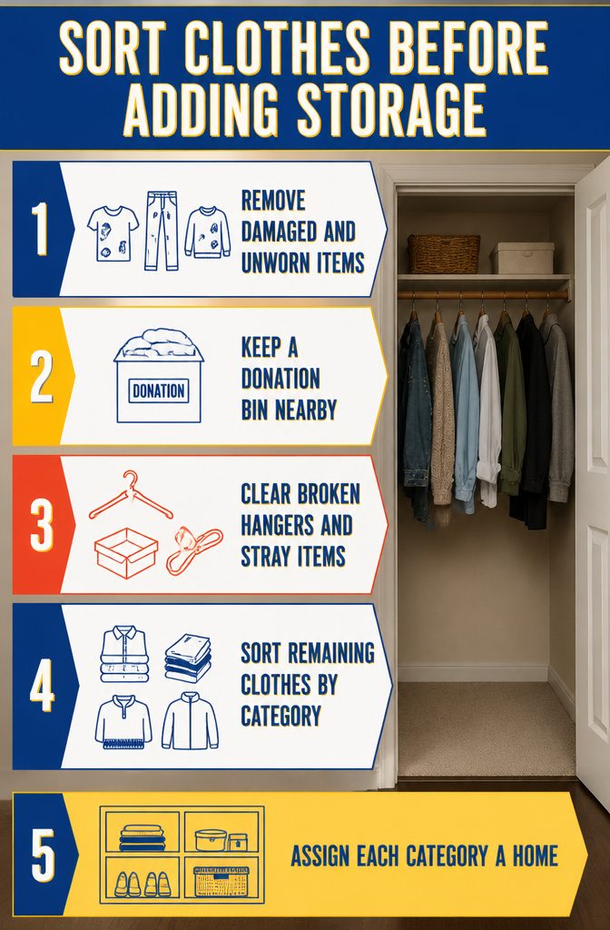 How to Make More Closet Space: 12 Methods That Work 2 Clothes sorted into groups beside a donation bin and empty hangers