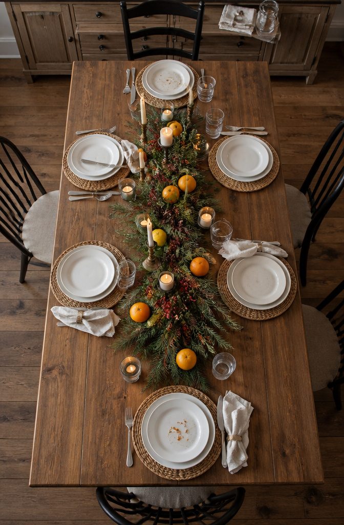 18 Ways to Decorate a House for Christmas 8 Dining table centerpiece with candles pine branches and seasonal fruit