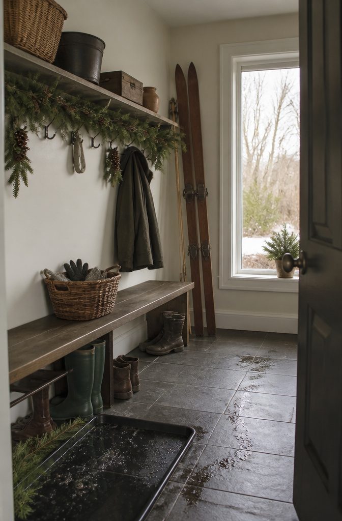 18 Ways to Decorate a House for Christmas 12 Mudroom shelf and hooks dressed with fir garland and pinecones