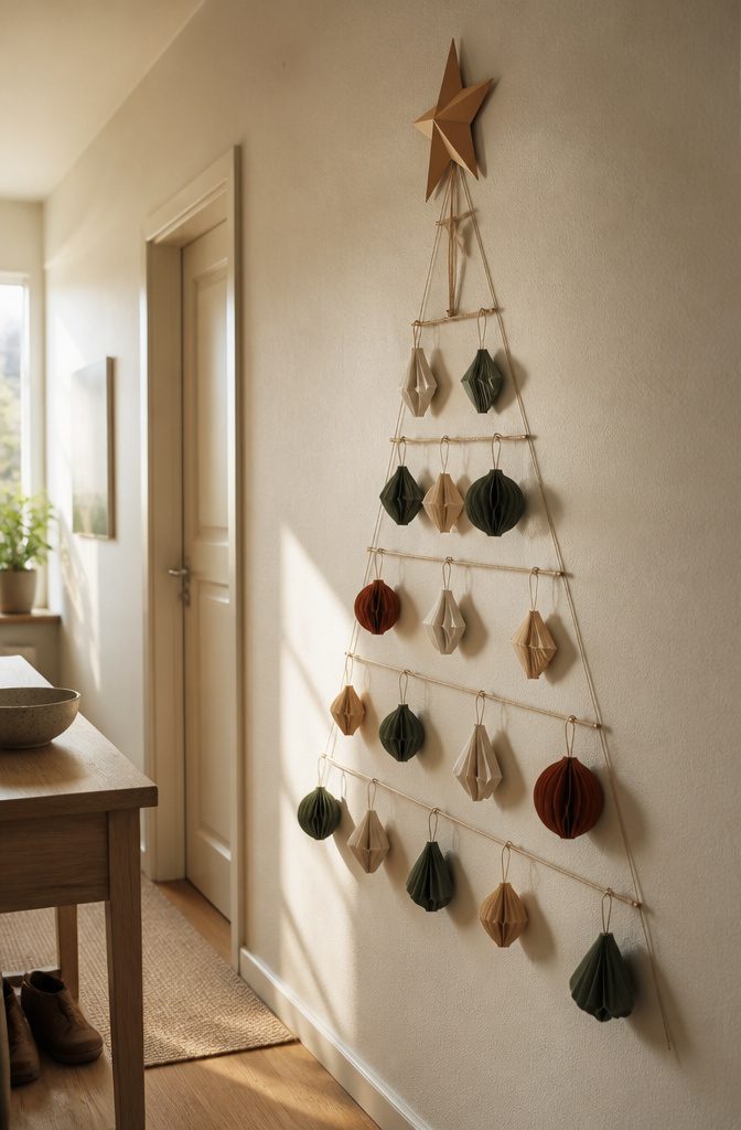 18 Ways to Decorate a House for Christmas 19 Wall display shaped like a Christmas tree with paper star string and ornaments