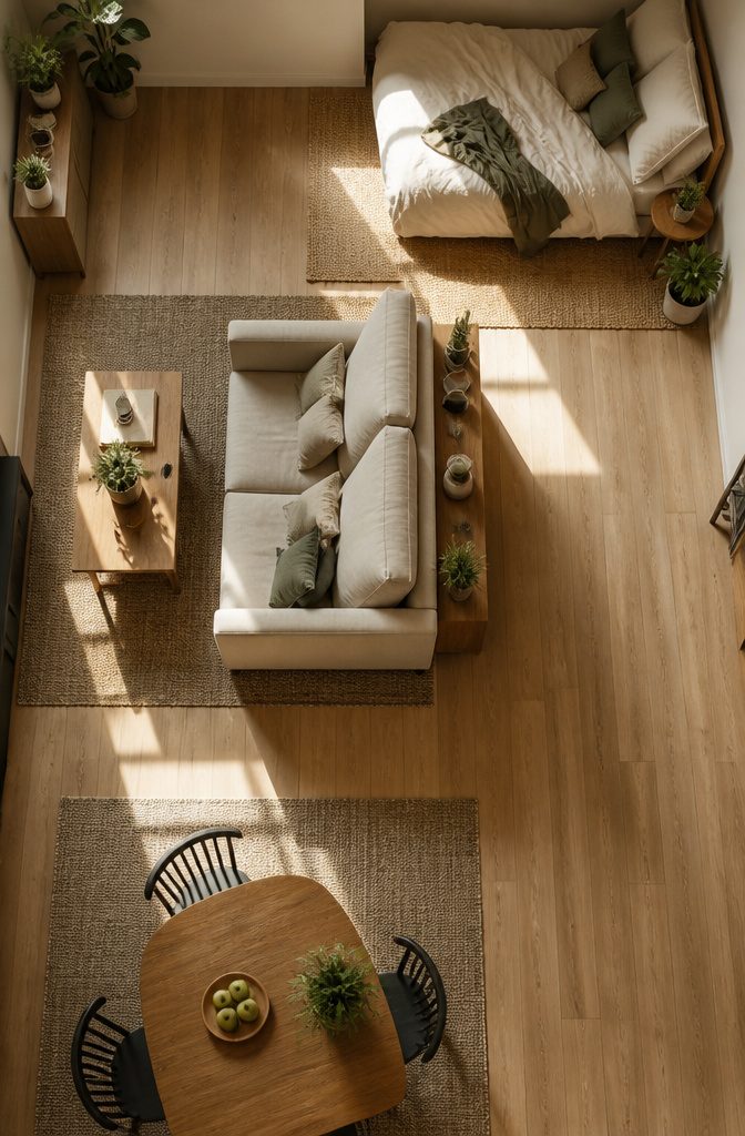 15 Ways to Decorate Small Apartments That Feel Open 8 Open-plan apartment with separate rugs beneath the sofa and dining table