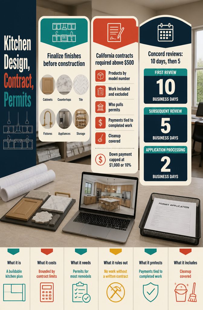 How to Plan a Kitchen: 10 Steps from Scope to Final Sign-Off 10 Kitchen planning graphic titled Kitchen Design Contract Permits