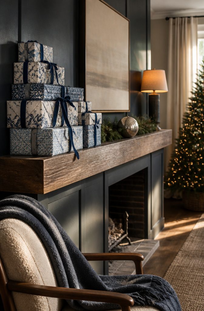 18 Ways to Decorate a House for Christmas 16 Blue-and-white wrapped presents with greenery on a wooden mantel