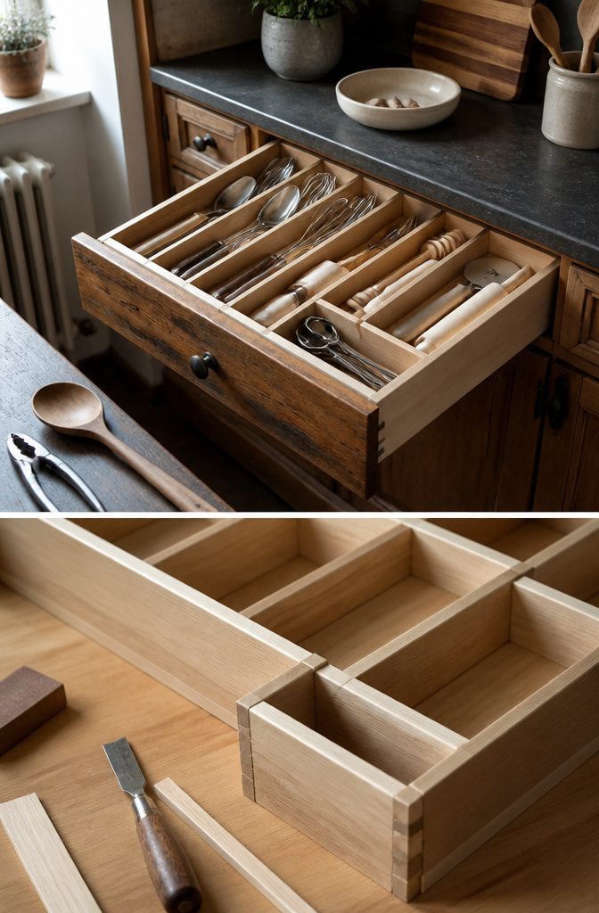 Drawer Organizer Ideas: 7 Storage Types That Actually Fit 8 Homemade drawer organizer made from poplar strips in a junk drawer.