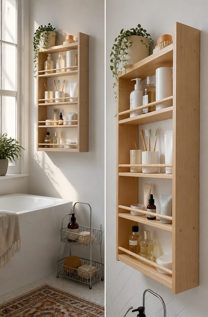 A spice rack mounted on a wall holding toothbrushes and skincare products.