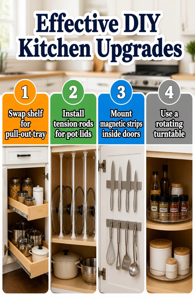 11 End Corner Kitchen Cabinet Ideas That Maximize Space 15 DIY kitchen upgrades showing pull-out trays and tension rods in cabinets.